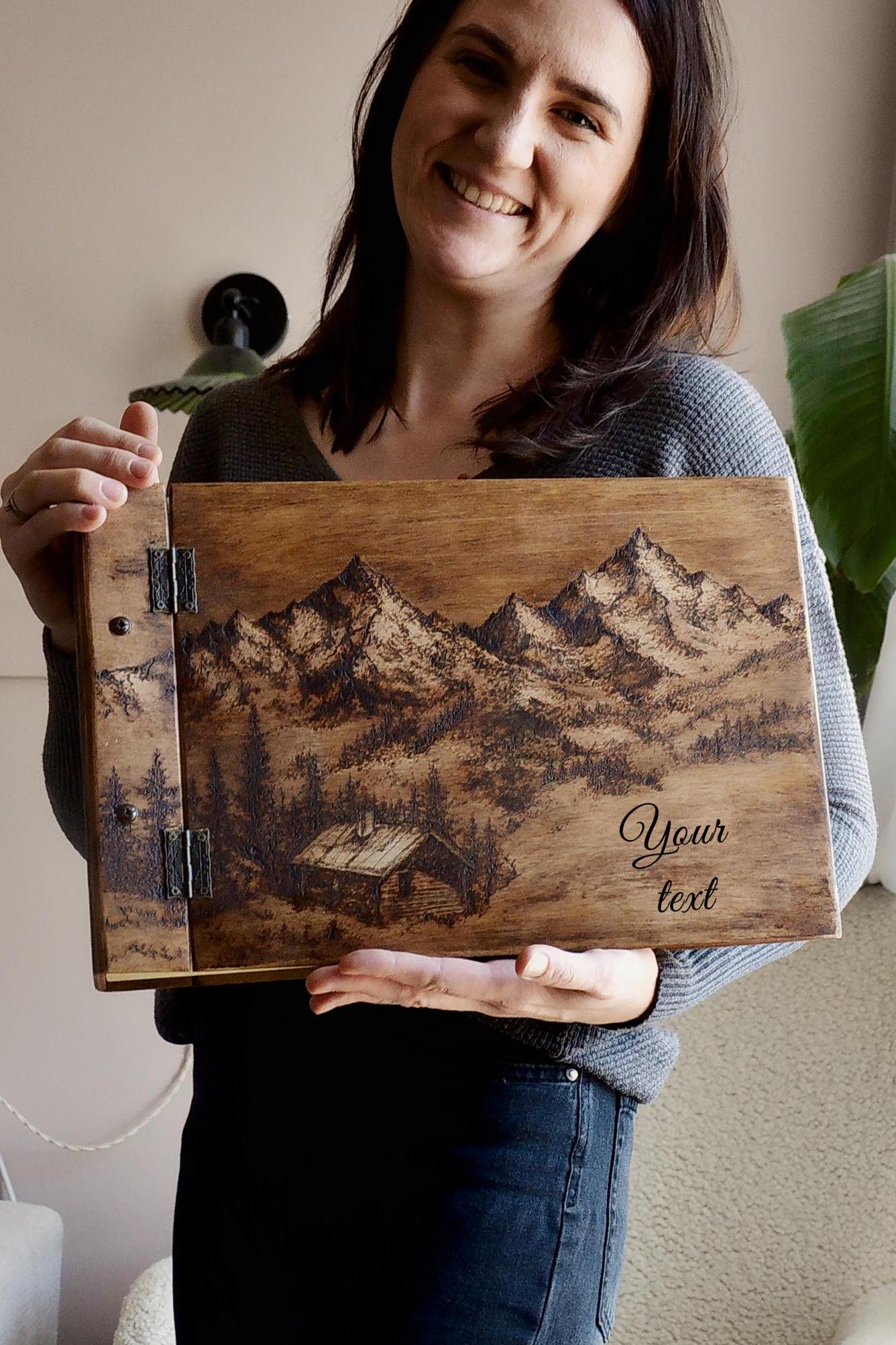 Unique Wooden Album with Mountain Design – Thoughtful Gift for Weddings, Anniversaries, Birthdays, Store Up to 400 Photos