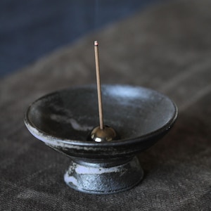 Incense Holder | Shibui Zen Black Stoneware Incense Chalice | Blue Kumo