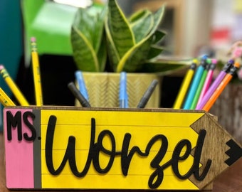 Personalized Teacher Pencil Holder: Custom Engraved Wood Desk Organizer