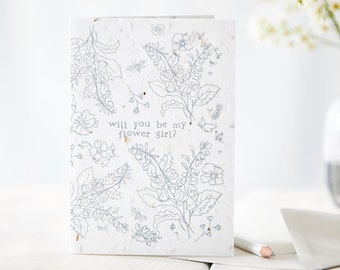 Will You Be My Flower Girl? - Wedding  -  Seeded Plantable Greetings Card - Floral - Wild Flowers - Blue and White