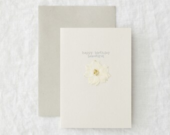 Happy Birthday Beautiful - Simple Minimal Pressed White Flower Greeting Card