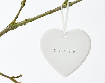 Minimal ceramic white hanging heart - Personalised custom name hand stamped