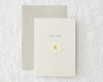 New Baby - Simple White Pressed Flower Congratulations A6 Greeting Card - Eco-Friendly