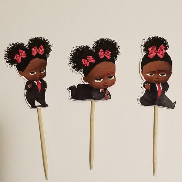 12 Cupcake toppers, Boss Baby inspiried Girl African American, Afro American, Cupcake,Boss Baby Cupcakes, Theme Birthday Decor, Shower