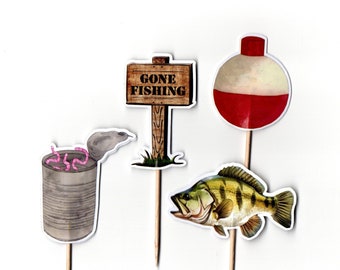Adornos para cupcakes "Ido a pescar", fiesta de pesca, decoración de cumpleaños temática, celebración de pesca, 12 adornos de doble cara