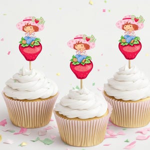 12 adornos para cupcakes de doble cara con diseño retro de fresas, fresas, dibujos animados de cumpleaños, feliz cumpleaños, adornos retro