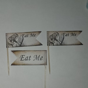 12 Escolhas de festa Eat Me Alice no País das Maravilhas - Topper de cupcake - Palitos de dente - Escolhas de comida Cartolina perfurada cortada
