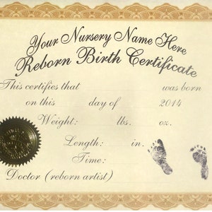 Reborn Birth Certificates (Your Custom Nursery Name) 5 Certificates Birth Certificate