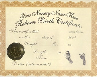 Reborn Birth Certificates (Your Custom Nursery Name) 5 Certificates Birth Certificate