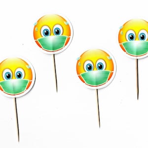 12 Smiley Face Mask-Birthday Party-Baby Shower-Cupcake Toppers- Yellow-Quarantine -cupcake picks- decoration-Birthday Party Pick