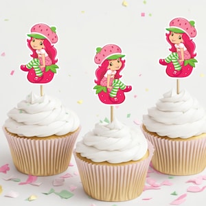 12 Double Sided, Strawberry Girl Cupcake Toppers, Strawberry, Cartoon Birthday, Happy Birthday Topper