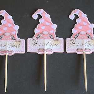 Gnome It's a Girl 12 Cupcake Toppers - Baby Gnome Party -It's a Girl- Gnome Cupcake - Doppelseitige Toppers