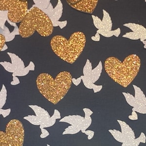 White Dove and Gold Heart  Confetti- Glitter Confetti- Bridal Shower Decor-  Baby Shower Decor- Wedding Decor- Quinceanera Decor