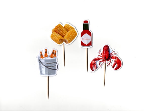 Crawfish Boil Cupcake Toppers, Crawfish Boil Party, Theme Birthday Decor, Lobster, Celebration, 12 Double Sided Toppers