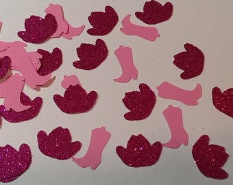 May include: Pink and magenta glitter cowboy hats and boots confetti.