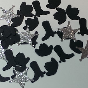 Silver star and Black Boots and hat confetti, Silver glitter,Rodeo,Birthday,Western decor, 120 pieces