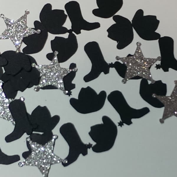 Silver star and Black Boots and hat confetti, Silver glitter,Rodeo,Birthday,Western decor, 120 pieces