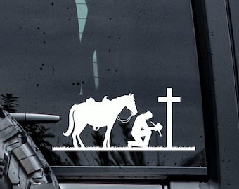 Calcomanía de vinilo de vaquero arrodillado: Pegatina para coche con oración de caballo