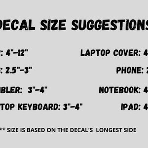 May include: Decal size suggestions for various items, including cars, mugs, tumblers, laptop covers, phones, notebooks, laptop keyboards, and iPads. The size is based on the decal's longest side. For example, a car decal should be between 4 and 12 inches long.