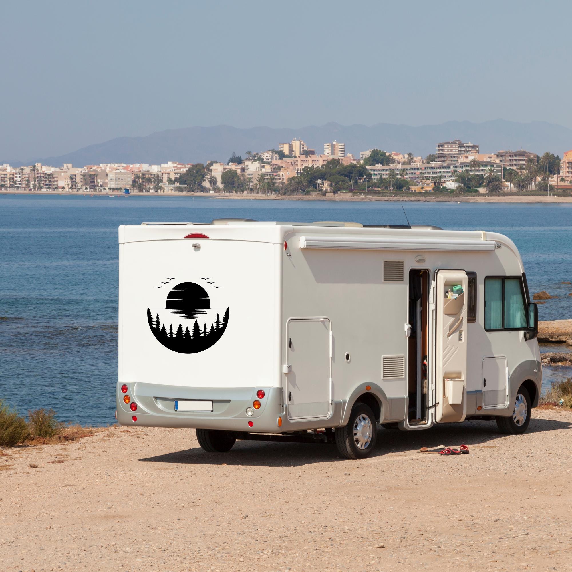 Sunset Lake Decal for RV Camper, Waterproof RV Decal, Mountain Trees ...