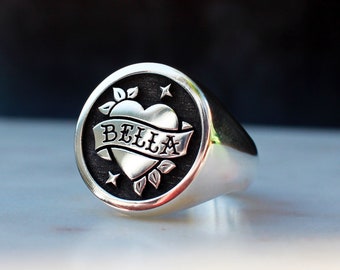 Custom Name Ring, Tattoo Heart Signet Ring, Sailor Jerry Heart and Banner Ring