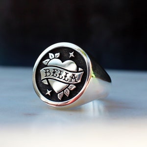 Custom Name Ring, Tattoo Heart Signet Ring, Sailor Jerry Heart and Banner Ring