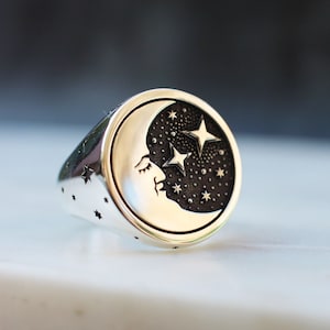 Celestial Signet Ring, Moon and Stars, Witchy Ring, Round Moon and Stars Ring, Chunky Moon Ring