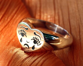 Sterling Silver Cry Baby Heart Signet Ring: Tattoo Inspired - Etsy