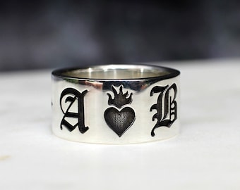 Sacred Hearts Ring, Customisable Initials Ring, Alternative Wedding Ring, Memento Mori, Thick Silver Ring