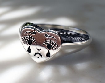 Crybaby Tattoo Heart Ring, Sterling Silver Signet - Etsy