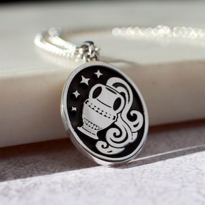 Aquarius Pendant, Zodiac Astrology Necklace, Zodiac Medallion Pendant, Oval Aquarius Pendant
