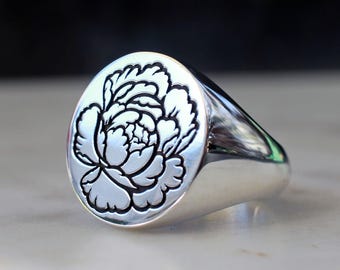 Peony Signet Ring, Tattoo Style Flower Chunky Ring