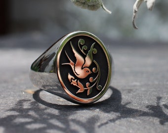 Swallow Signet Ring, Silver Sailor Jerry Ring, Oval Signet Ring
