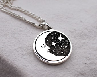 Celestial Moon and Stars Pendant, Crescent Moon Necklace, Medallion