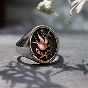 Swallow Signet Ring, Silver Sailor Jerry Ring, Oval Signet Ring