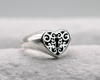 Heart and Lock Signet Ring, Dainty Heart Signet