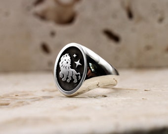 Leo Signet Ring, Star Sign Ring, Minimalist Zodiac Jewellery, Lion Ring, Oval Signet