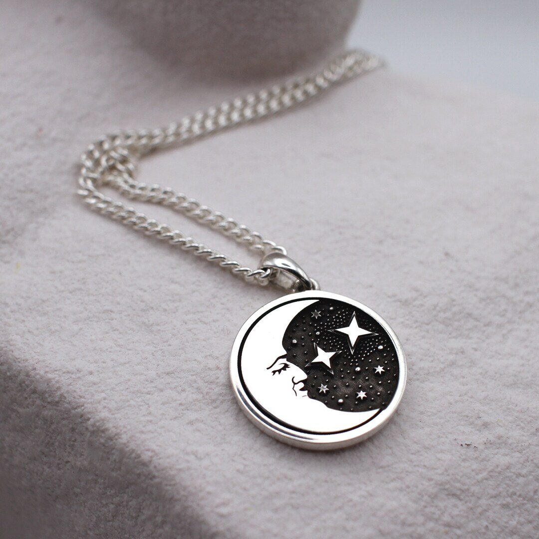 Buy Sterling Silver Crescent Moon Face Pendant: Celestial Starry Night  Necklace Online in India