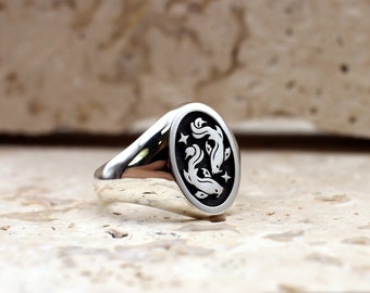 Pisces Signet Ring, Star Sign Ring, Minimalist Zodiac Jewellery, Koi Carp Ring