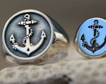 ANCHOR RING / Mens Silver Signet Ring / Anchor Signet Ring / Nautical Ring
