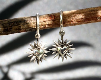 Sterling Silver Sacred Heart Hoop Earrings, Mexican Flaming Heart