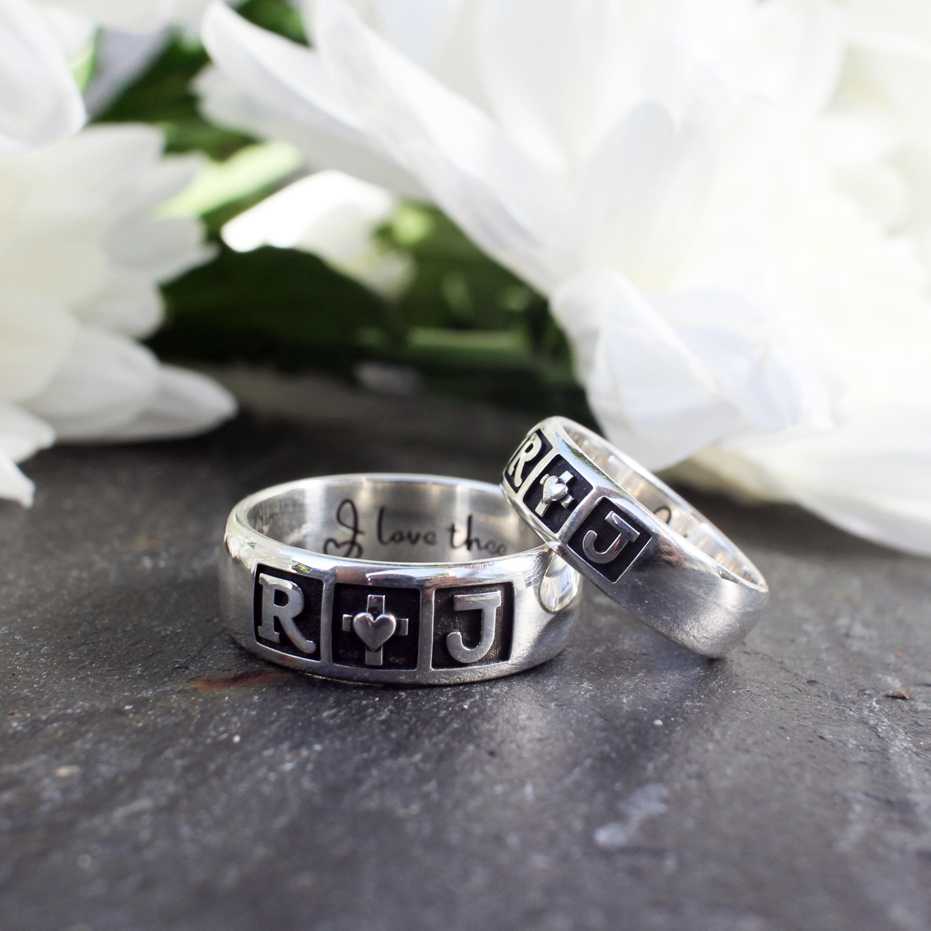 Customisable Romeo and Juliet Ring, Silver Initial Wedding Band