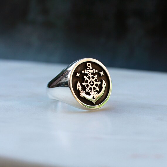Anchor and Helm Signet Ring Mans Nautical Ring Mariner Ring Navy Signet Ring Etsy Sweden