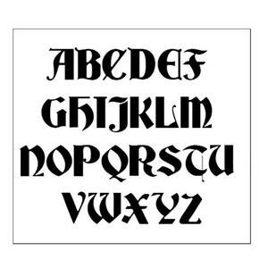 May include: Black and white image of the alphabet in a gothic font style.