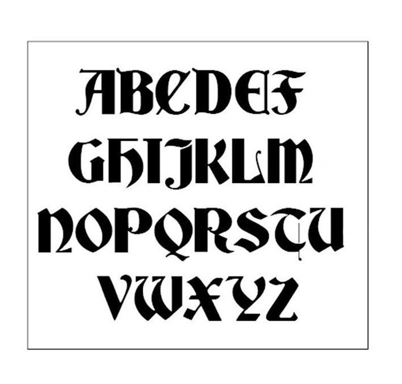 May include: Black and white image of the alphabet in a gothic font style.