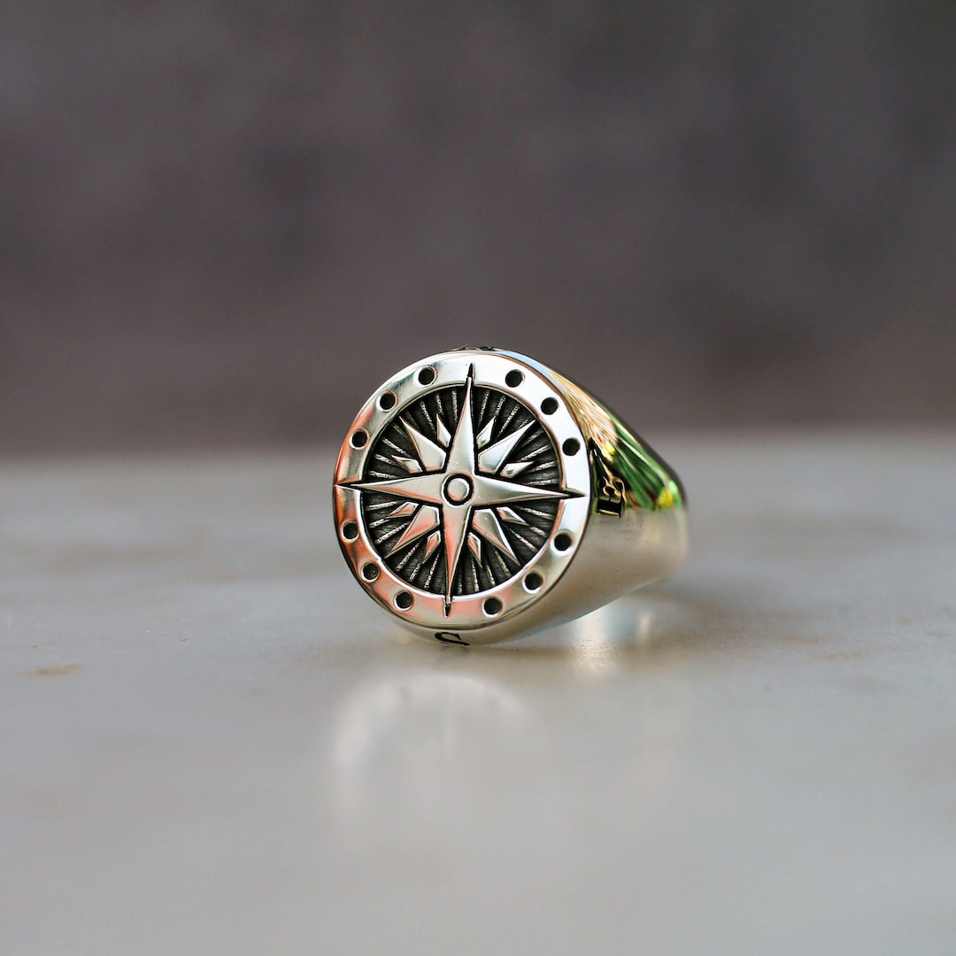Compass Fire Ring Compass Rose Signet, Sterling Silver Nautical Ring - Etsy