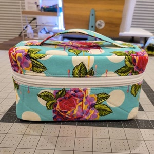May include: A turquoise blue quilted makeup bag with a white zipper and a floral design featuring pink, yellow, and purple roses. The bag has a white polka dot pattern and a white handle.