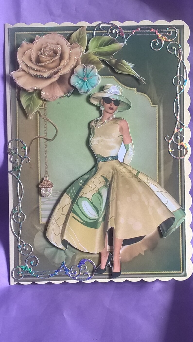 Ladies 1950s fashion birthday card with silver scrolls and | Etsy