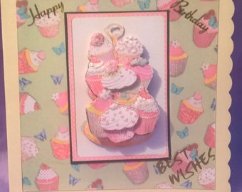 cute little cupcakes birthday card,suitable for anyone who loves cupcakes and glittery things,I can add a name,age or family title.