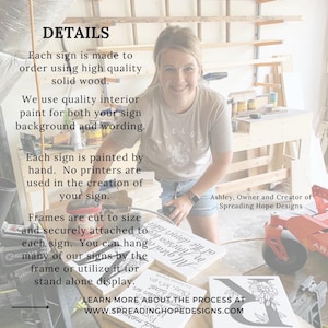 May include: A woman stands in a workshop holding a wooden sign with the text "Life is better with a little bit of whiskey". The sign is painted white with black lettering. The woman is wearing a white t-shirt with the text "Little Luxuries" and blue denim shorts. The text "LEARN MORE ABOUT THE PROCESS AT WWW.SPREADINGHOPEDESIGNS.COM" is visible at the bottom of the image.